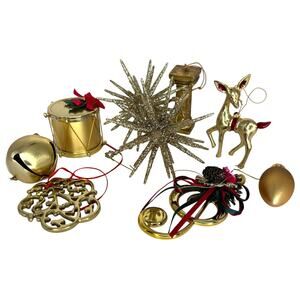 Lot of 9 Vintage Gold Christmas Ornaments Reindeer Drum Bell Stars Treble Bulb